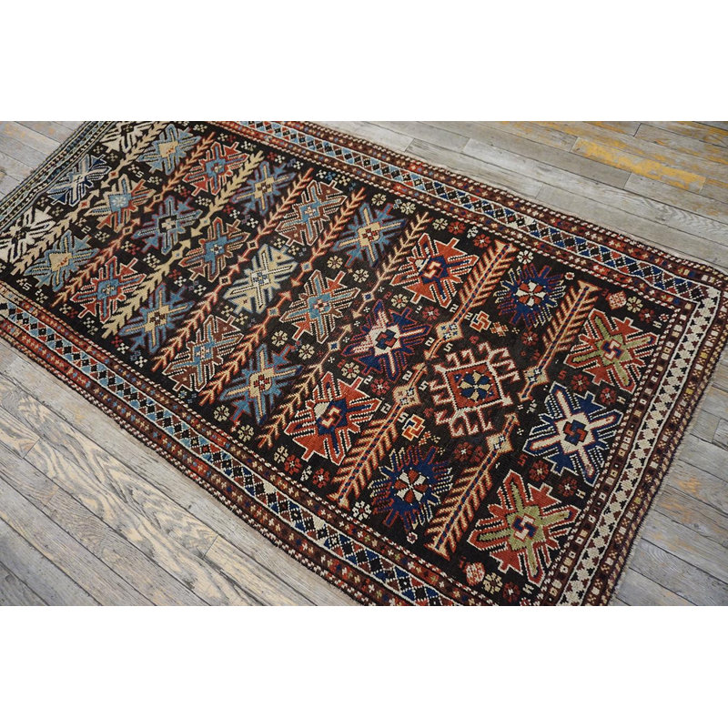 1900s Brown TribalGeometric Antique Caucasian Karabagh Carpet 3'4"x6'3" Wool Rug