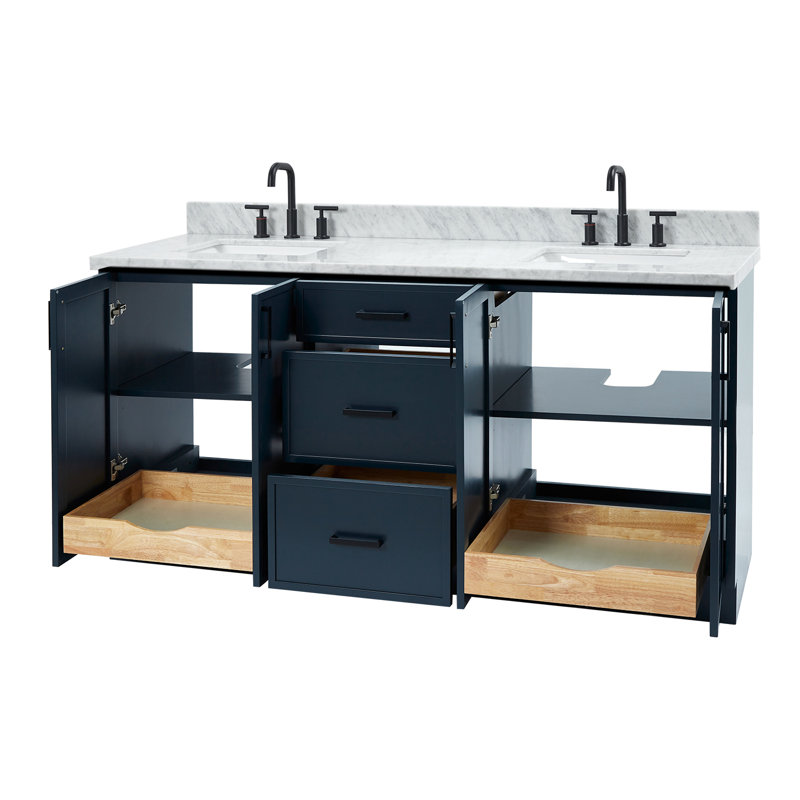 ARIEL Kelly 73 Double Sink Bathroom Vanity with Italian Carrara Marble Top, Midnight Blue