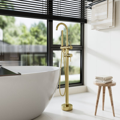 Freestanding Tub Faucet With Handheld Shower, Floor Mount Bathtub Filler In 304 Stainless Steel With 360° Swivel Spout, CUPC Ceramic Valve