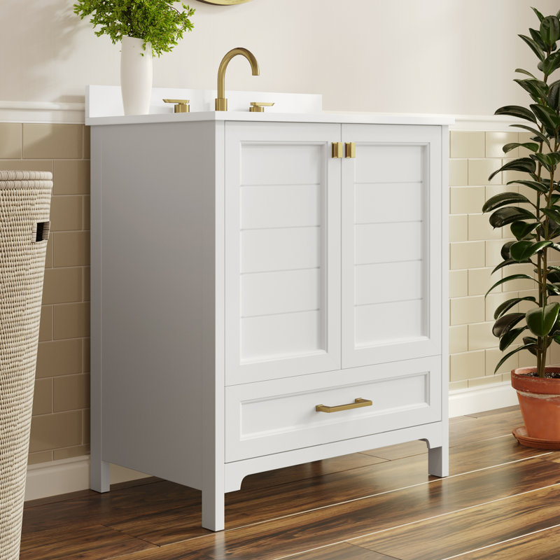 Meuble-lavabo de salle de bain avec lavabo encastré, armoire et tiroir, Nickel, Blanc