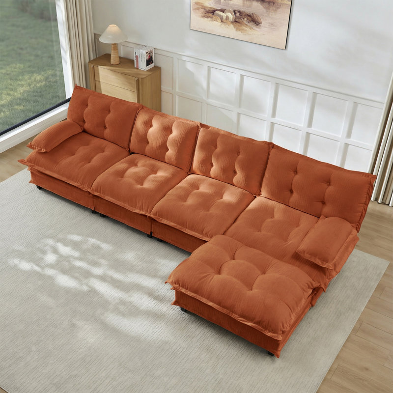 Canapé en forme de L de 138,5 po avec repose-pieds, pour salon, chambre à coucher et appartement, Chenille orange