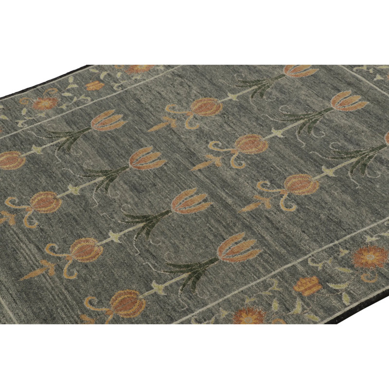 Rug & Kilim’S Block Print Rug, Teal And Gray Tones With Whimsical Floral Pattern, Rectangle 8' x 10'