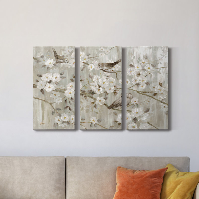 «Neutral Spring Birds», ensemble de 3 peintures sur toile tendue, H 18 po x l 36 po x P 1 po