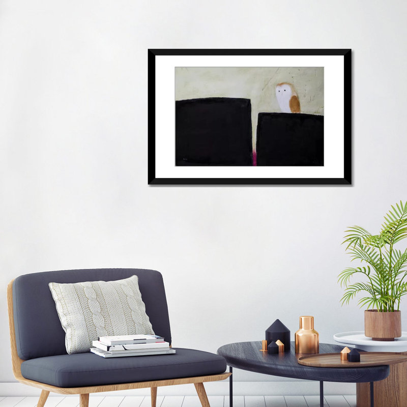 «Owl on Black and Magenta», peinture sur toile tendue, H 16 po x l 24 po x P 1 po, Papier d'art encadré noir, Blanc
