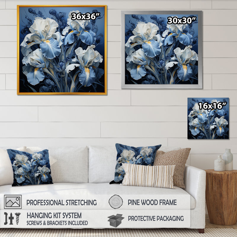 Minimalisme, jardin d'iris bleu et blanc sur toile, H 16 po x l 16 po x P 1 po, Cadre naturel flottant