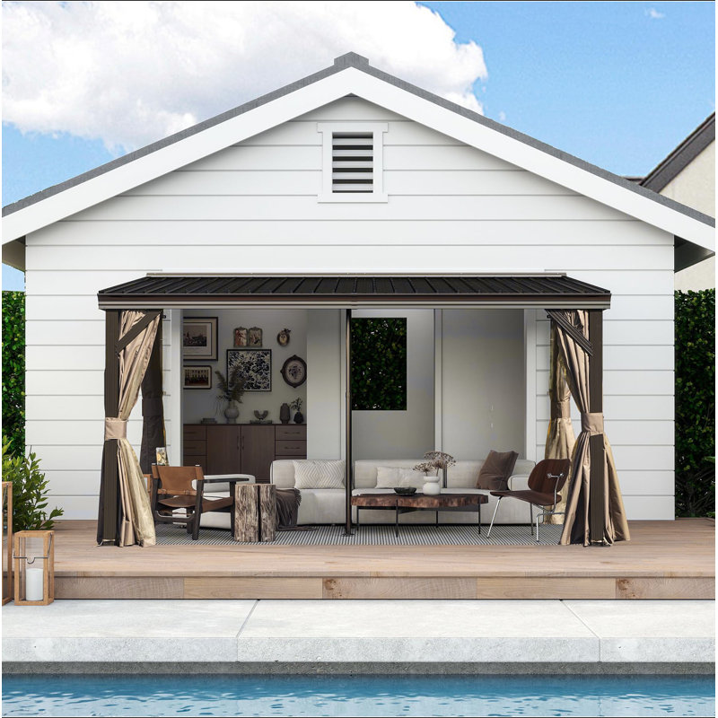 Pavillon de jardin incliné 10 x 14 pi avec gouttières, pavillon mural extérieur avec toit en métal
