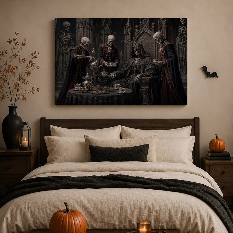 Squelettes gothiques en robes rouges autour d'une table à thé - Toile murale d'Halloween, H 12 po x l 18 po