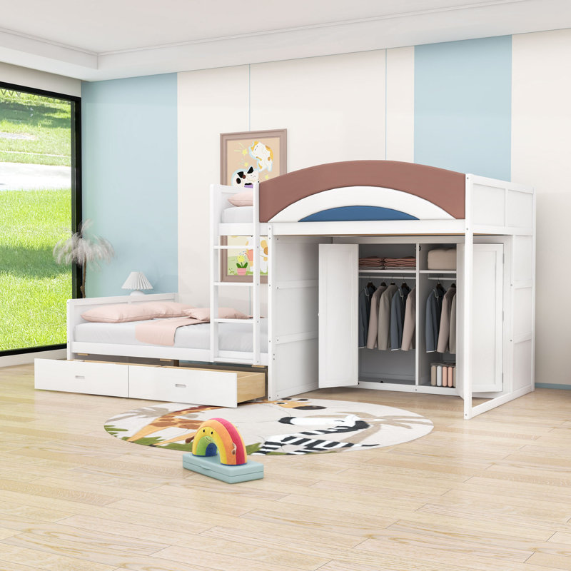 Lit superposé double en bois avec garde-robe et tiroirs intégrés, Blanc
