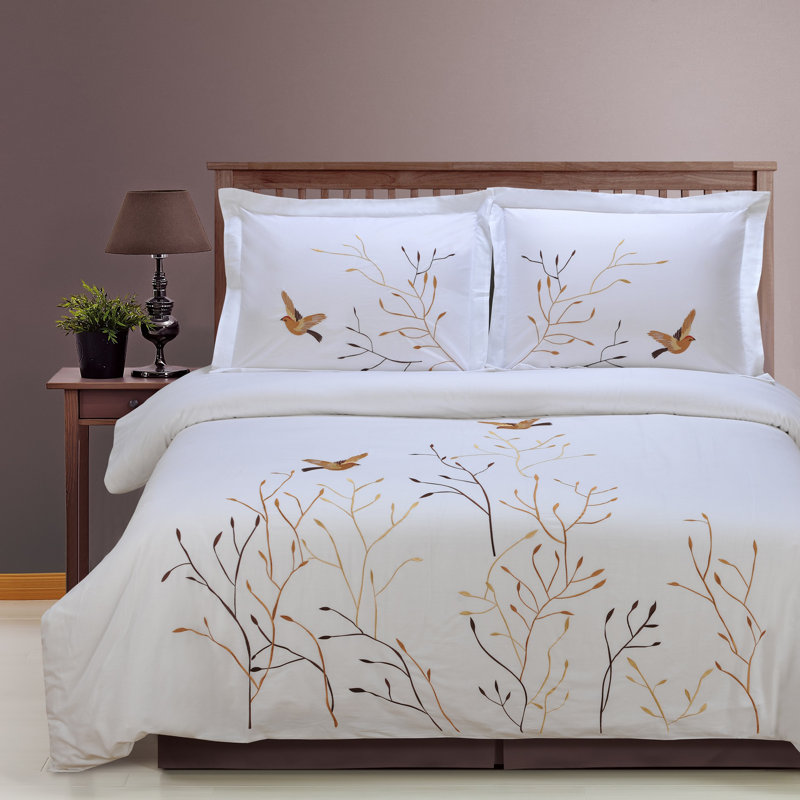 Full/Queen White and Brown Cotton Embroidered Duvet Cover Set