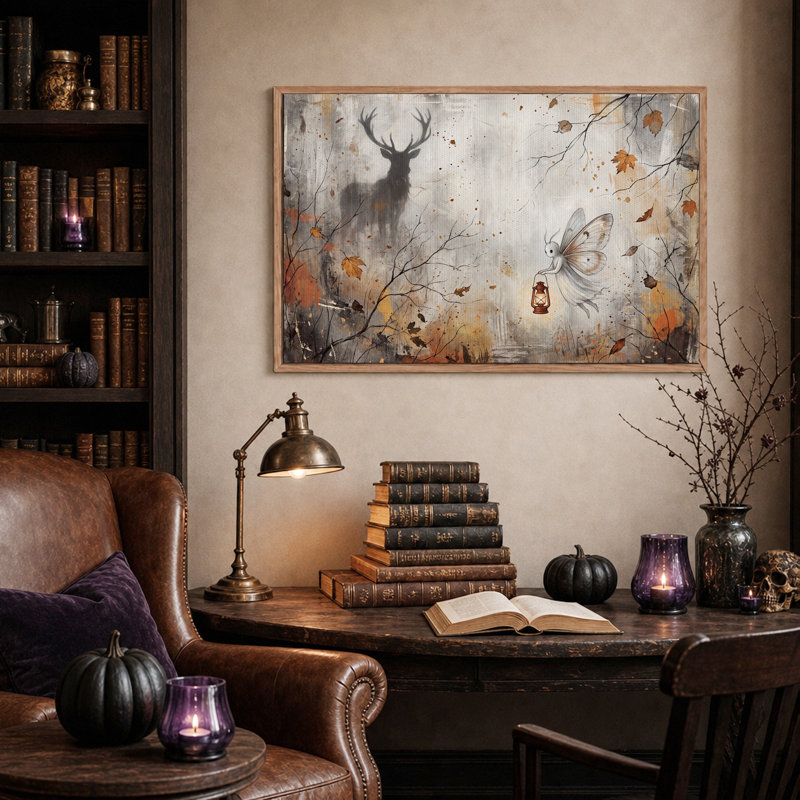 Fée tenant une lanterne près d'un cerf, art d'Halloween sur toile, H 32 po x l 48 po