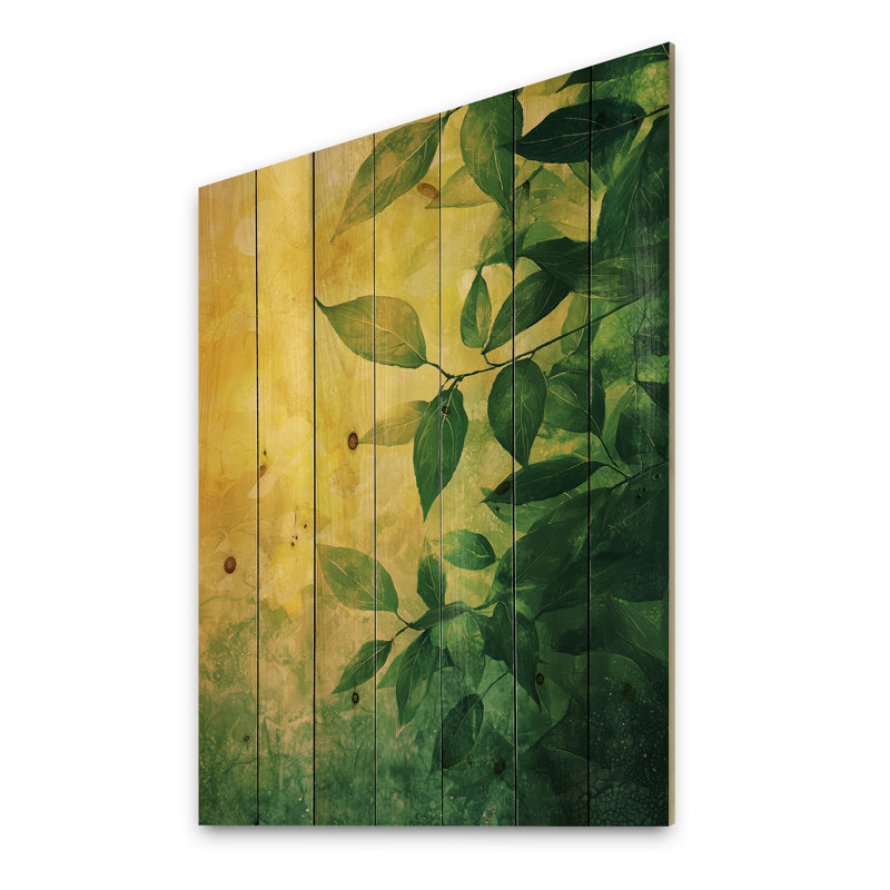 Feuillage vert vert et jaune, collage de feuilles V - décoration murale en bois de feuilles - sur bois de pin naturel