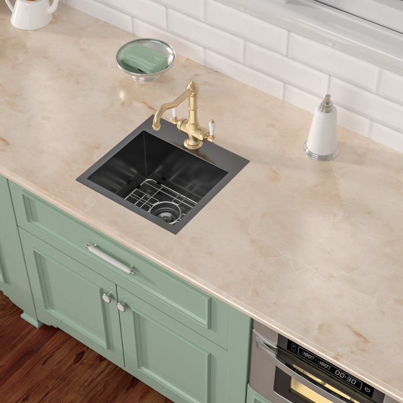 15" L x 20" W Drop-In Kitchen Bar Sink Single Bowl Stainless Steel Kitchen Sink with One Faucet Hole, 15" L x 15" W, Black