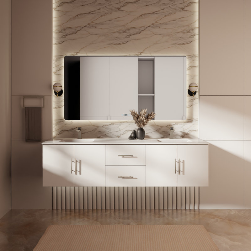 Ensemble de meuble-lavabo double mural 72 "avec miroir Geneva, Blanc lustré, Marbre de culture blanc