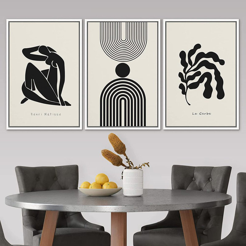 «Black Matisse Dancer Lar Gerbe Plant Mid Century Modern», art mural encadré sur toile, 3 pièces, Cadre blanc