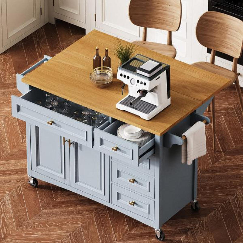52'' Kitchen Island With Drop Leaf, Embossed Texture Kitchen Island On Wheels With Spice Rack, Towel Rack, 2 Doors And 5 Drawers, Kitchen Storage Cart With Adjustable Shelf For Kitchen, Blue Grey