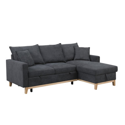 Colton 84.25" Dark Gray Woven Reversible Sleeper Sectional Sofa With Storage Chaise