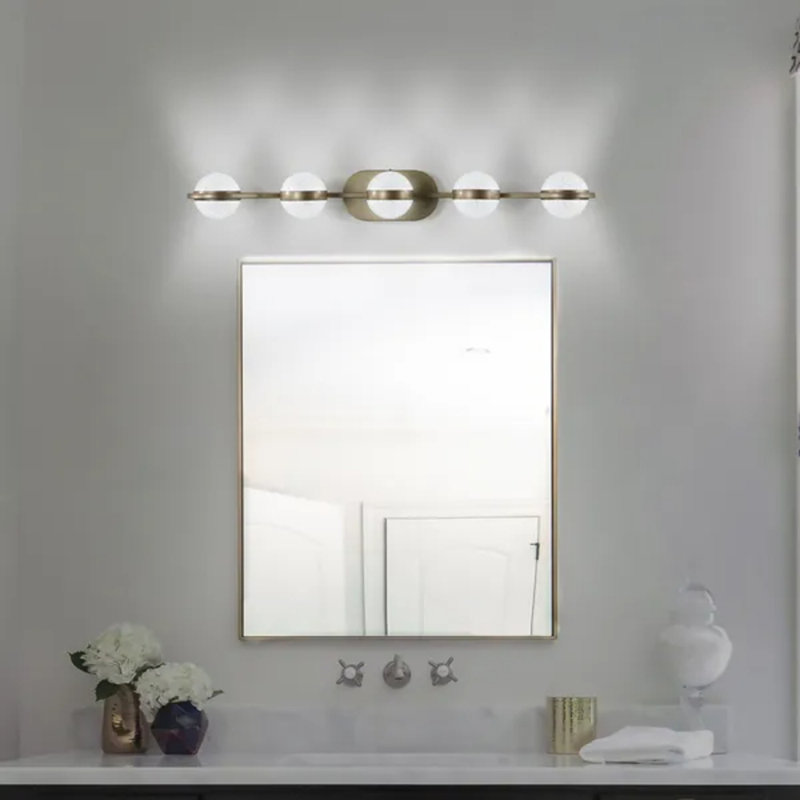 Luminaire mural à DEL pour salle de bain à 5 ampoules avec abat-jour en cristal et sable acrylique, or champagne (finition or brossé)