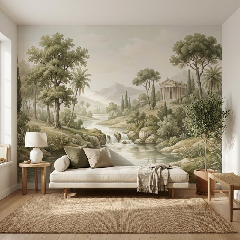 Papier peint classique Temple Shades Of Green, 120" x 96", Peler et coller