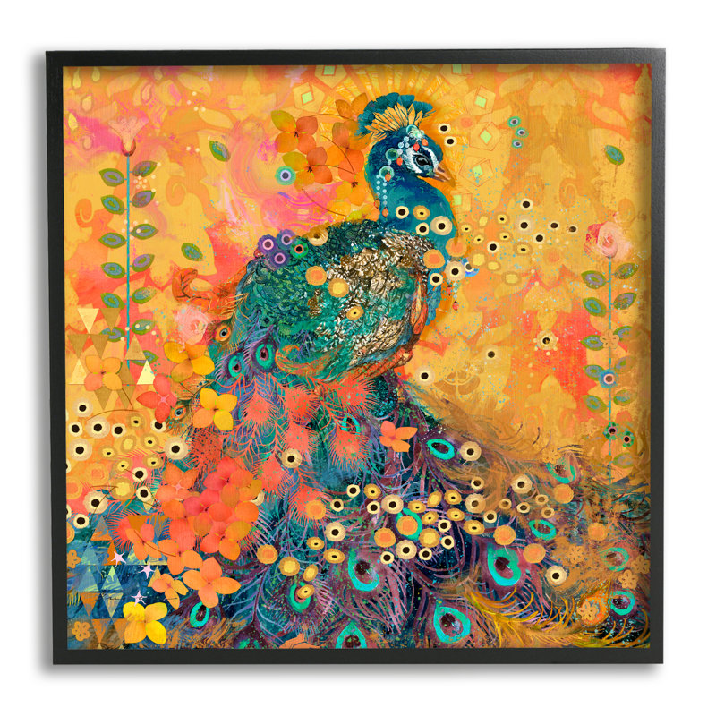 Motif de paon bohémien, impression sur bois, Giclée encadrée noir minuit, H 12 po x l 12 po x P 1,5 po