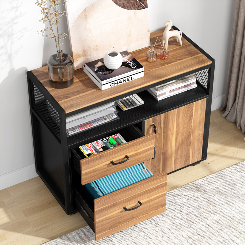 Walnut and Black Lockable File Cabinet with Drawers and Casters