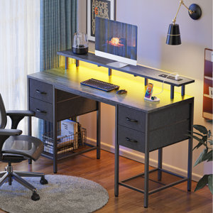 Neesha Desk with LED Lights, Computer Desk with Storage, Corner Desk with Drawers, Home Office Desk with Shelves, Writing Desk with 4 File Drawers, Gaming Desk with Power Outlets, Study Desk