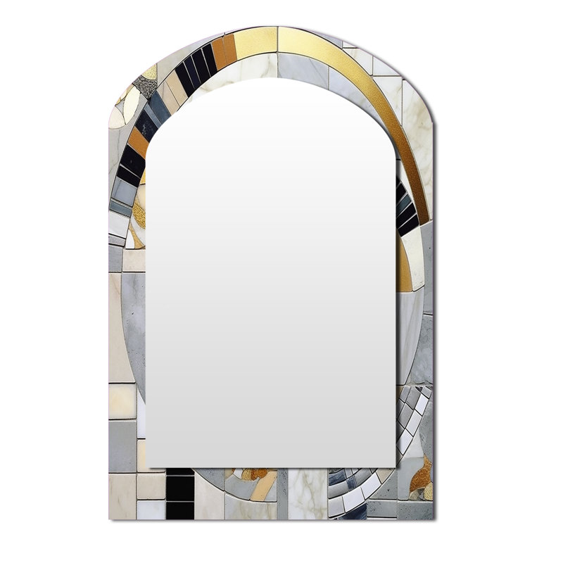 Grey and Yellow Mosaic IV - Abstract Shapes Asymmetrical Large Wall Mirror, Modern Arch Unique Mirror, Printed Metal Art