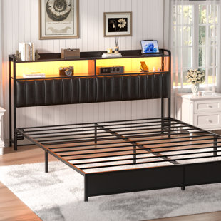 Upholstered Headboard with LED Lights and Charging Station