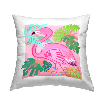 Coussin décoratif imprimé de feuilles de flamant rose tropical par Maret Hensick