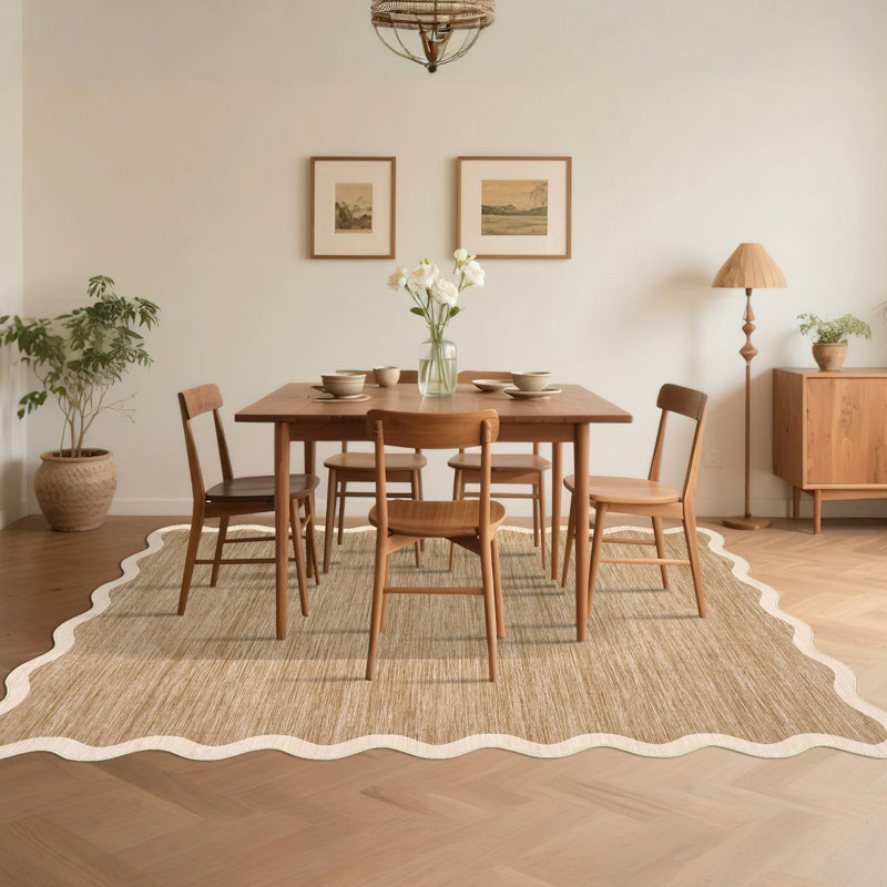 Scalloped Washable Rugs for Living Room Neutral Area Rugs Ultra-Thin Non Slip Large Bedroom Carpet Indoor Stain Resistant Contemporary Carpet for Dining Room Dorm