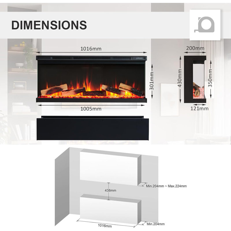 FLAMEKO 3 Sided Media Wall Electric Fire, Premium Logs, Leura Black, 30" H x 101.6" W x 43" D