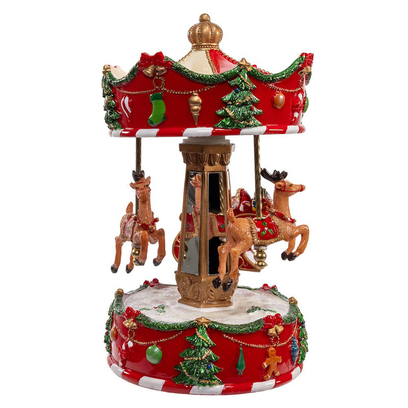 Red Pinewood Musical Wind-Up Christmas Carousel Table Piece