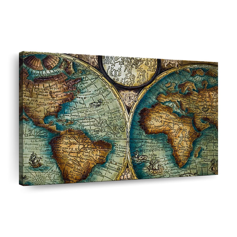 Carte du vieux monde sur toile, H 8 po x l 12 po x P 1 po