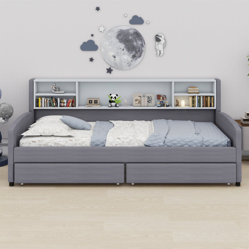Upholstered Platform Bed With Storage And Drawers, Gray