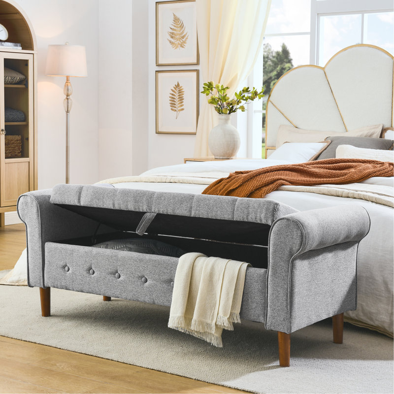 Rangement à boutons pour chambre à coucher, tissu moderne gris de 62 po recouvert d'un accoudoir roulé pour le salon, le vestibule et le banc de la chambre, tissu, boutons, choix pratique