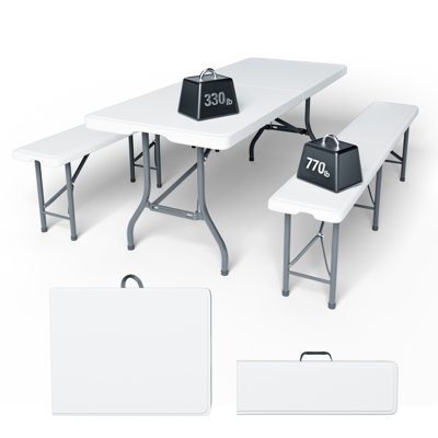 Ensemble de table pliante et banc 3 pièces 6 pieds, portable et robuste, plateau en plastique PEHD avec cadre en acier, intérieur et extérieur, blanc