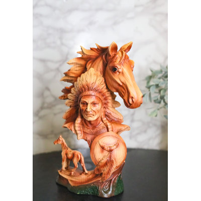 Faux Wood Horse & Native American Chief Figurine Western Tribal Headdress