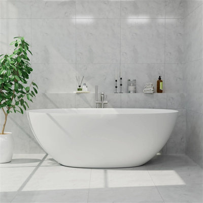 61" x 30" Solid Surface Stone Resin Oval-shaped Freestanding Soaking Bathtub with Overflow
