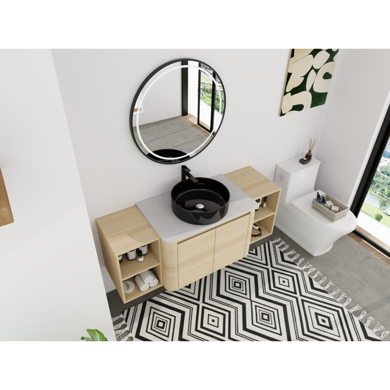 Meuble-lavabo double 54 po (pleine longueur) 54 po - 5 options de couleur de lavabo (motifs blanc / noir / marbre) + armoire en bois clair (type E)