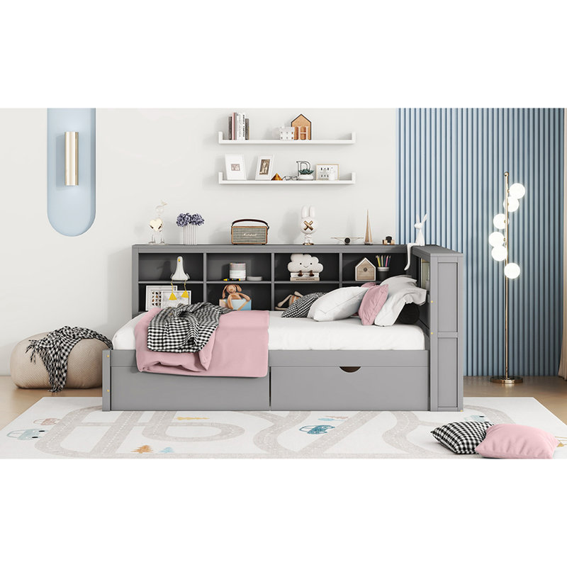 Lit de jour en bois gris avec 2 tiroirs, unité de chargement et de rangement, douille de tiroir