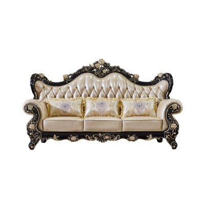 European Style Solid Wood Carved Sofa 92.13'' Genuine Leather Rolled Arm Sofa -  FURNITURE LEISURE, INC., XJY1HRSS0U3