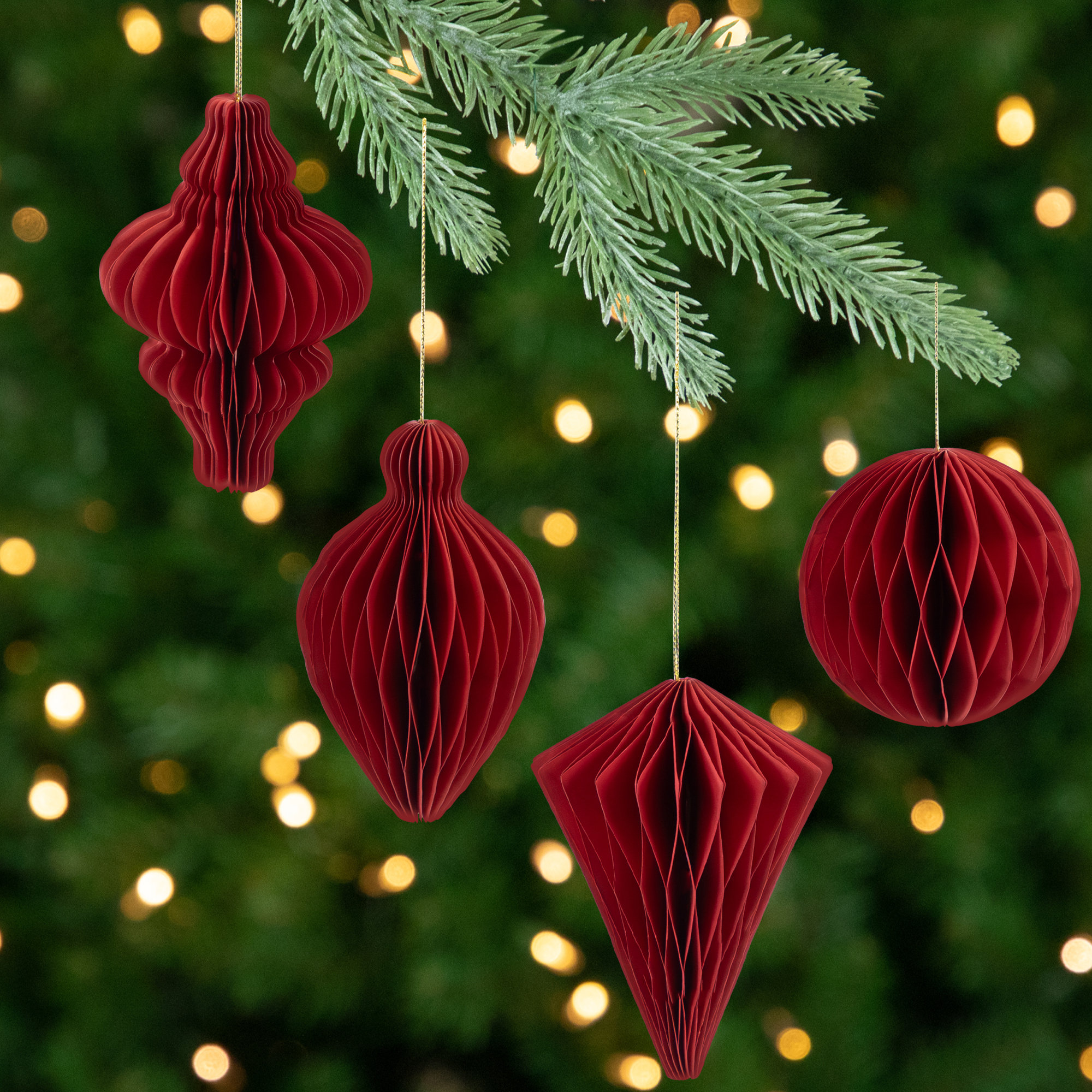 Accordion Honeycomb Foldable Paper Christmas Ornaments - 4" - Set Of 4, Red