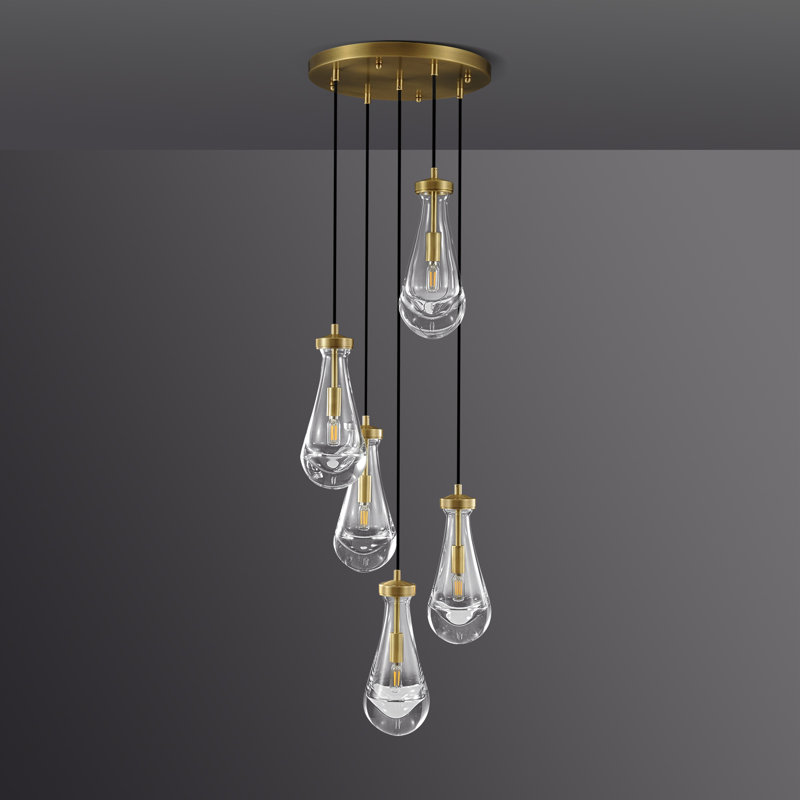 100" H Adjustable 5 - Light Cluster Teardrop Pendant Thicken Solid Glass Chandelier (Bulbs Included), Brass