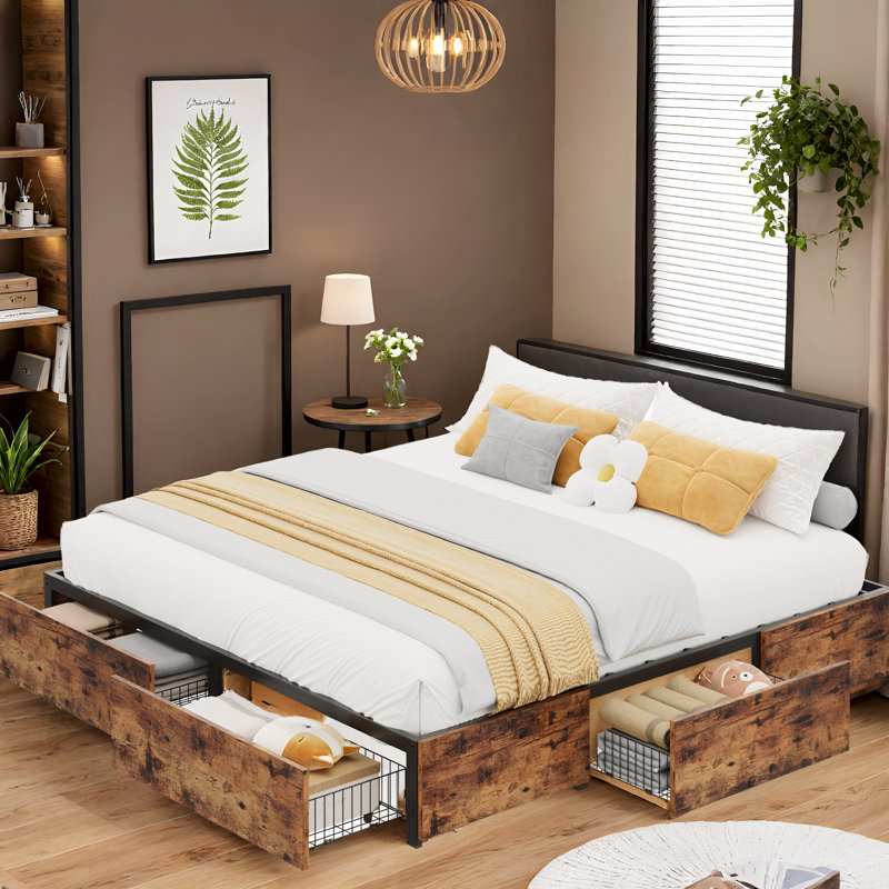 King Storage Platform Bed with Footboard and 4 Under Bed Drawers, Brown, King, Brown