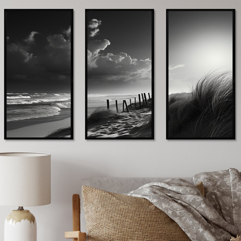 «Black and White Beach Scenery II», ensemble de reproductions d'art mural, Cadre flottant noir, H 40 po x l 60 po x P 1 po