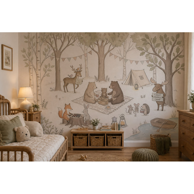Papier peint mural pour chambre d'enfant sur le thème du camping en forêt et des animaux de la forêt, 140"x108"