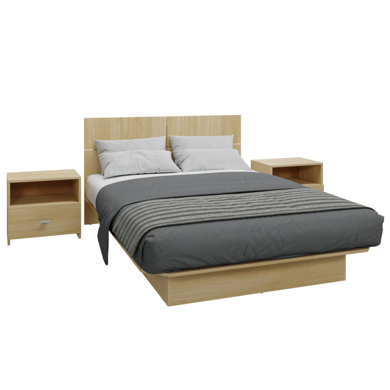 Zen Alpha Bedroom - Platform Bed with Headboard and Nightstands (2) – Easy Assembly, No Box Spring Required, Full, Beige