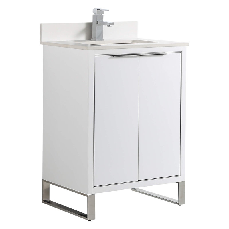 Meuble-lavabo sur pied simple avec comptoir en pierre Geryl, Laiton satiné, Bleu pastel, 24"W
