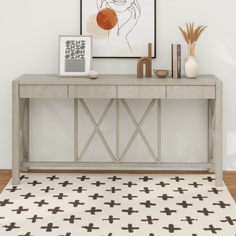 Console en placage d'acacia 60 po avec 4 tiroirs, table d'entrée en X avec rangement ouvert au bas, pieds en acacia massif