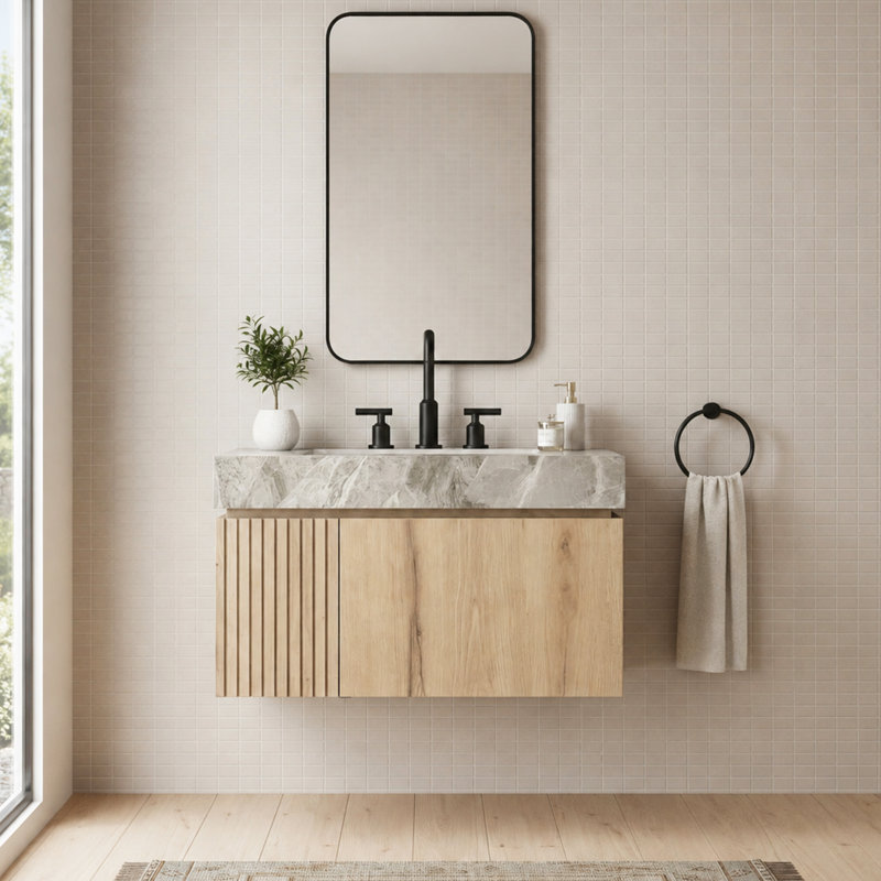 Meuble-lavabo suspendu de 76 cm (30 po) en contreplaqué cannelé avec lavabo, comptoir en pierre frittée et lavabo en céramique