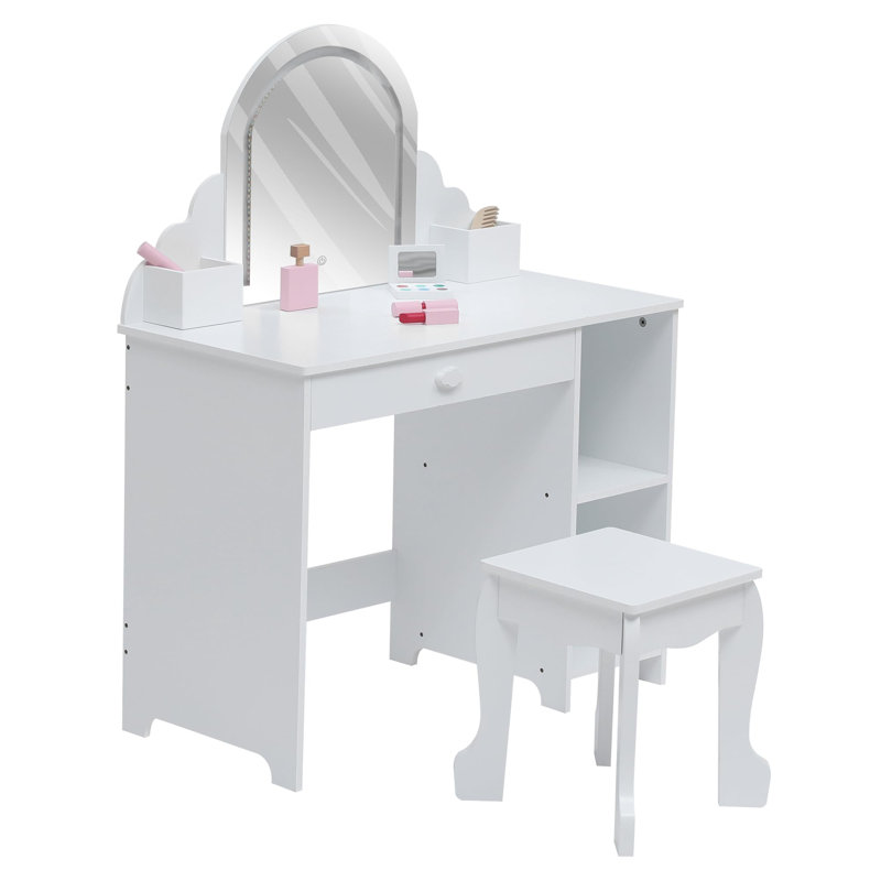 Kids Lighted Mirror Vanity Table Set 2 In 1 Design With Table Stool Drawer And Open Shelves White Color Little Girls Makeup Vanity For Ages 3-9 Years